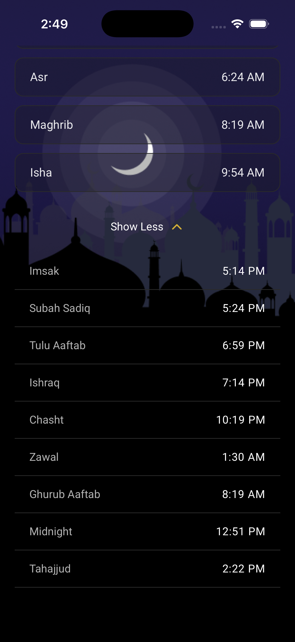 Extended timings: Imsak, Ishraq, Chasht, Tahajjud