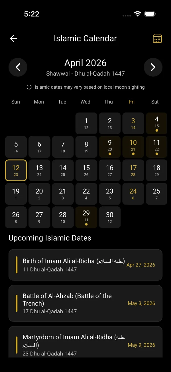 Islamic Hijri-Gregorian dual calendar view