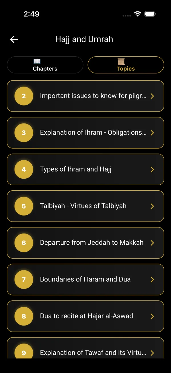 Hajj and Umrah guide topic listing with step-by-step ritual chapters