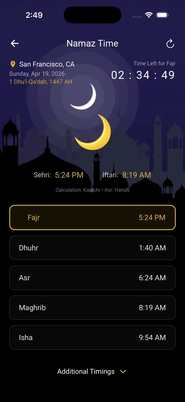 5 daily prayer times: Fajr, Dhuhr, Asr, Maghrib, Isha with mosque silhouette and Sehri Iftari