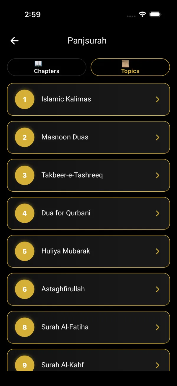 Panjsurah topics list showing Kalimas, Masnoon Duas, Surah Al-Fatiha, Surah Al-Kahf chapters