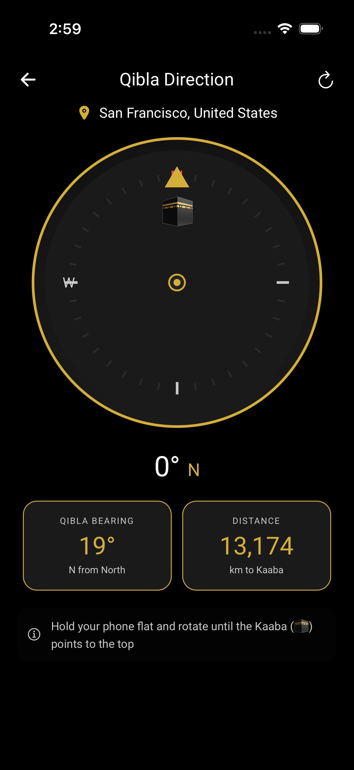 Qibla compass showing gold ring, Kaaba icon, bearing 19°N and distance 13,174km