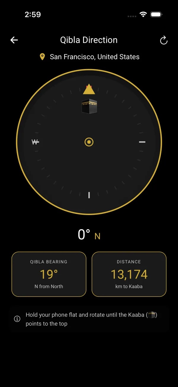 Qibla compass showing gold ring, Kaaba icon, bearing 19 degrees North and distance 13,174 km to Makkah
